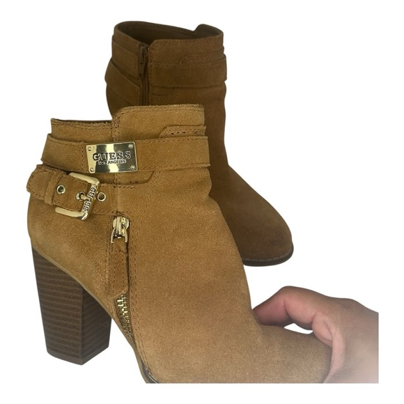 Guess Women's Brown Heeled Boots with Gold Accents - Picture 3 of 6